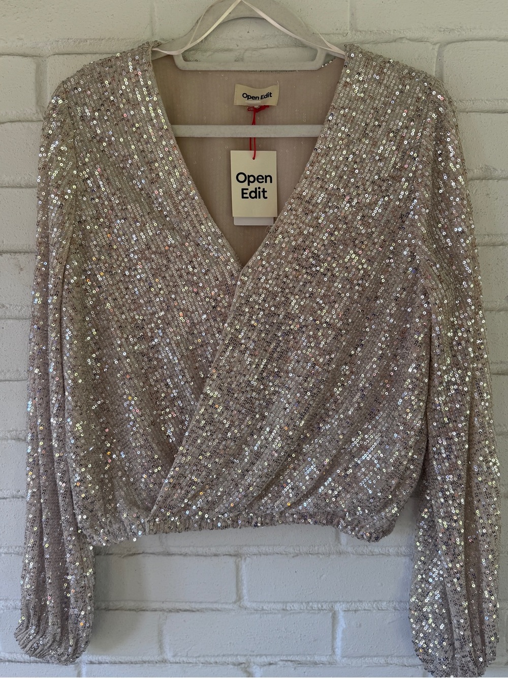 OPEN EDIT Sequin Long-Sleeve Wrap Blouse - Womens SMALL *NWT*